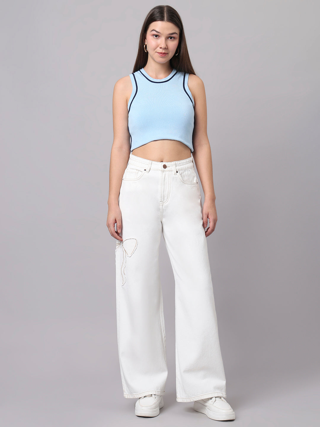 TARAMA Bow Appliqué High-Waist Wide-Leg Denim Jeans