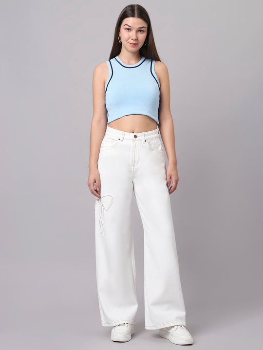 TARAMA Bow Appliqué High-Waist Wide-Leg Denim Jeans