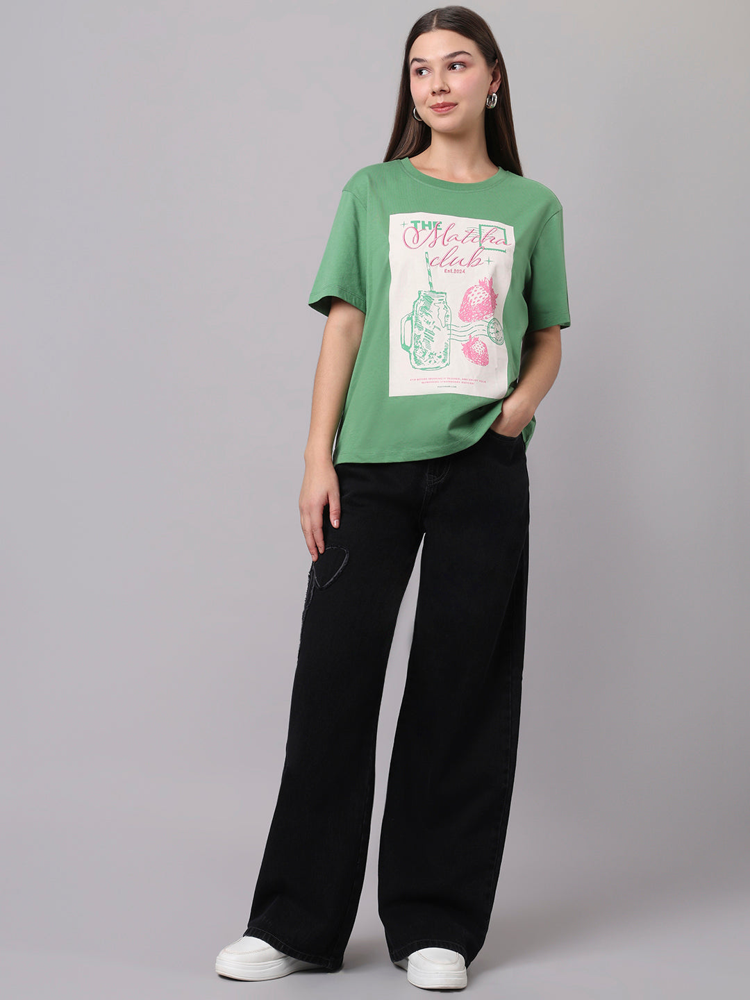 TARAMA Bow Appliqué High-Waist Wide-Leg Denim Jeans