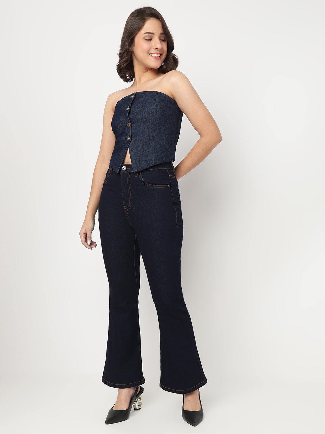 TARAMA Stretchable Women's Dark Blue Denim Corset Top