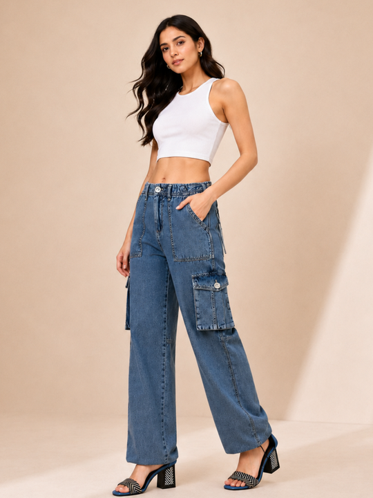 Adjustable Hem Wide Leg Cargo Jeans