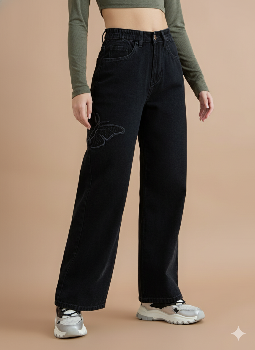 TARAMA High Rise Wide Leg Jeans with Butterfly Embroidery