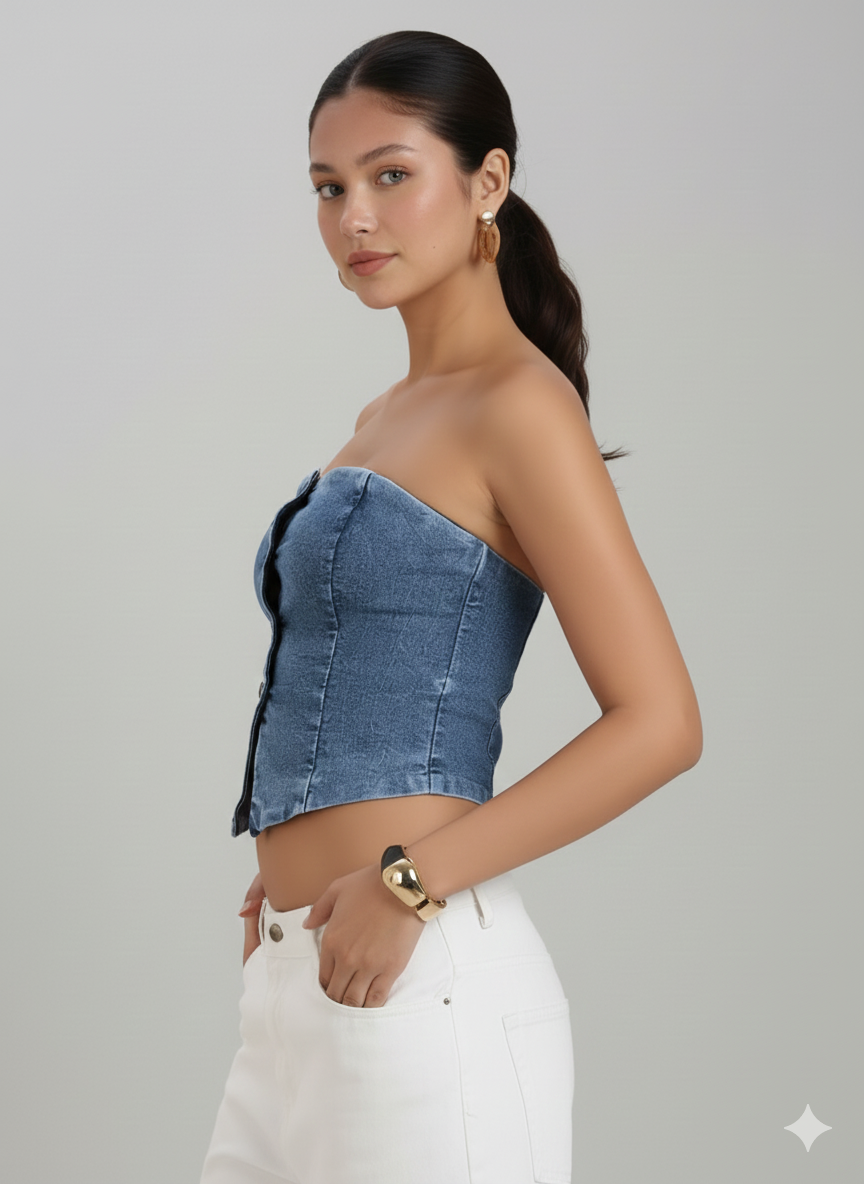 TARAMA Stretchable Women's Mid Blue Denim Corset Top