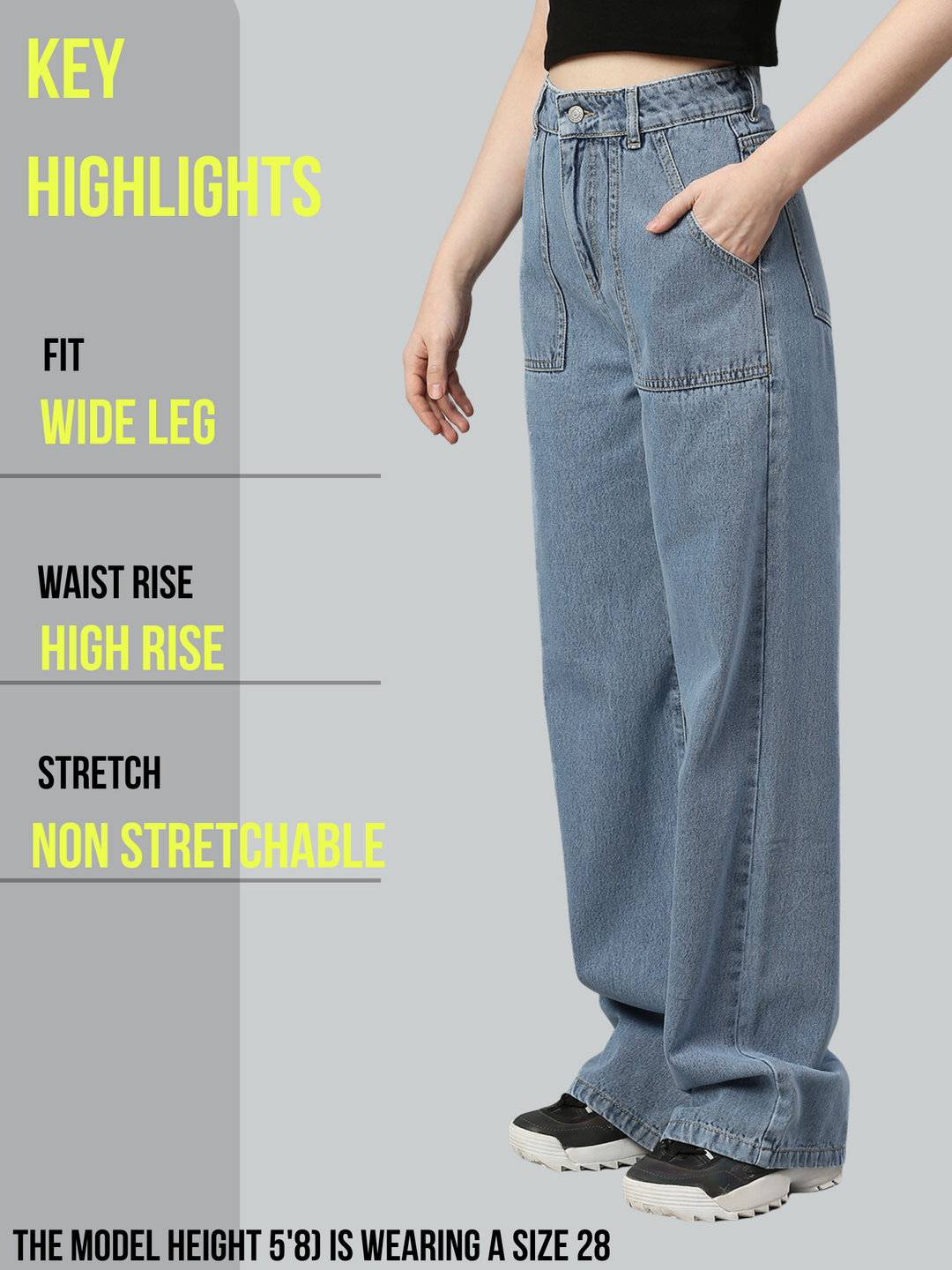 TARAMA High Rise Patch Pockets Wide Leg Jeans