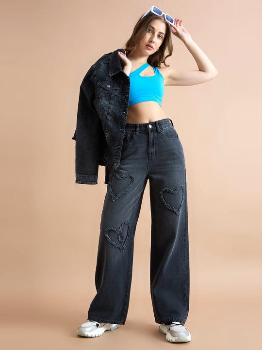 TARAMA High Rise Wide Leg Distressed Heart Jeans
