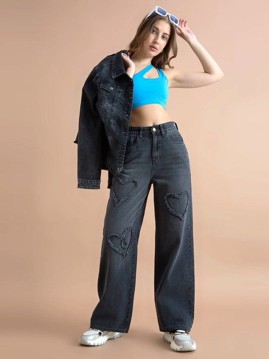 TARAMA High Rise Wide Leg Distressed Heart Jeans