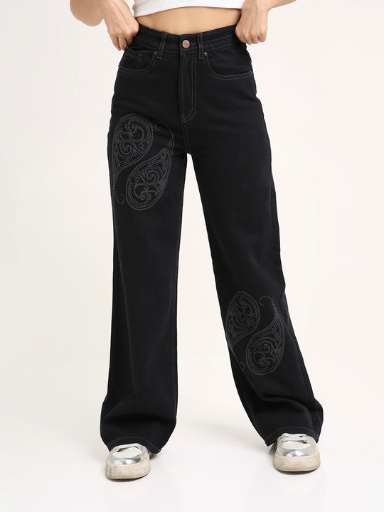 TARAMA High-Rise Paisley Embroidered Wide Leg Jeans