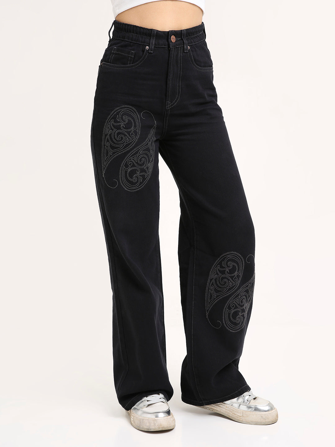 TARAMA High-Rise Paisley Embroidered Wide Leg Jeans