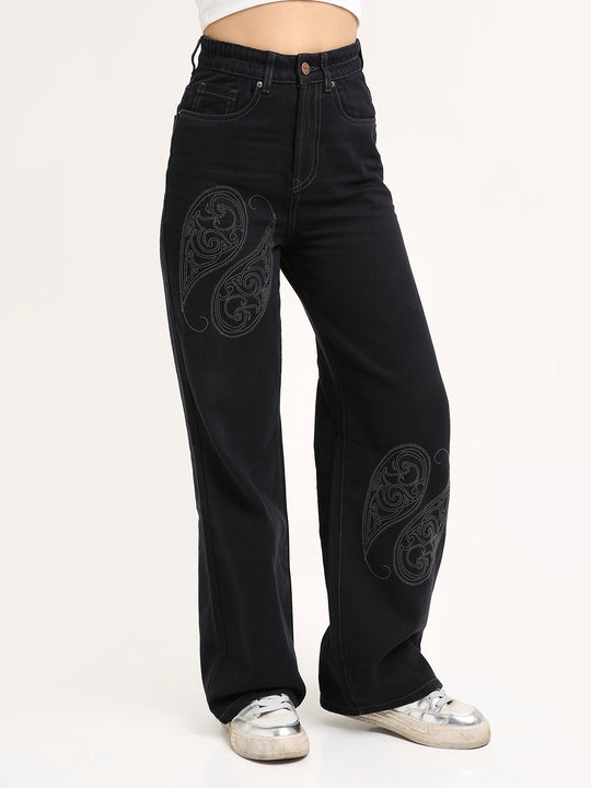 TARAMA High-Rise Paisley Embroidered Wide Leg Jeans