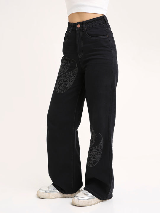 TARAMA High-Rise Paisley Embroidered Wide Leg Jeans