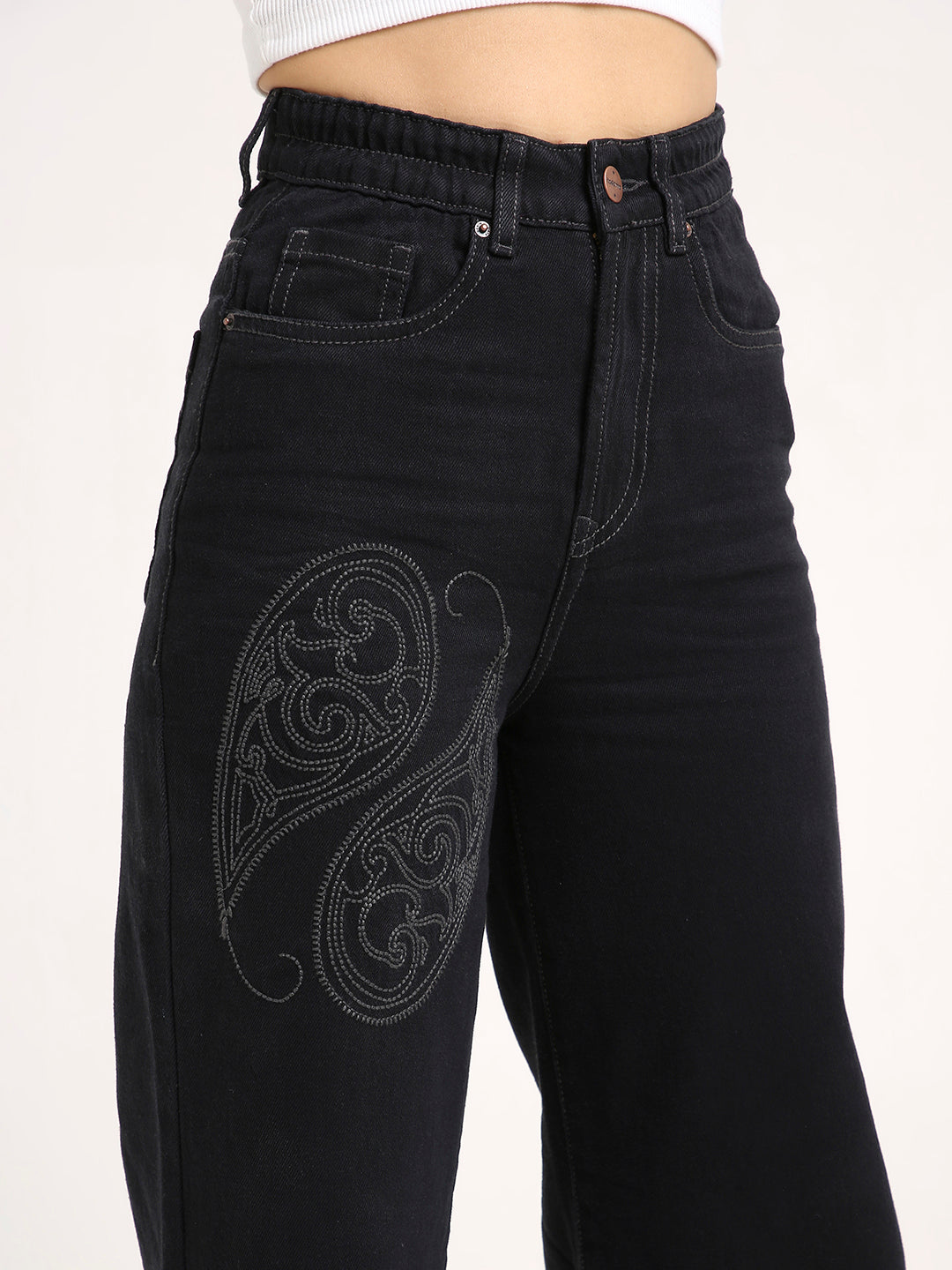 TARAMA High-Rise Paisley Embroidered Wide Leg Jeans