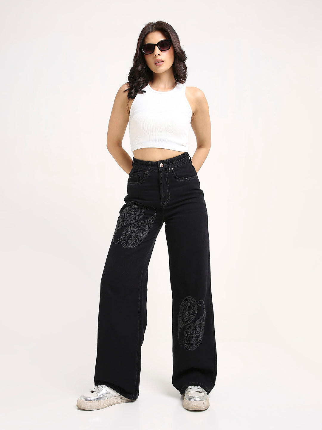 TARAMA High-Rise Paisley Embroidered Wide Leg Jeans