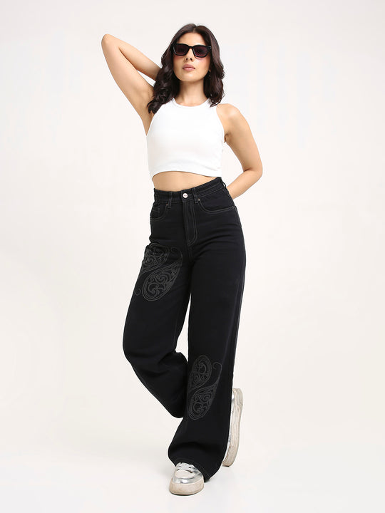 TARAMA High-Rise Paisley Embroidered Wide Leg Jeans