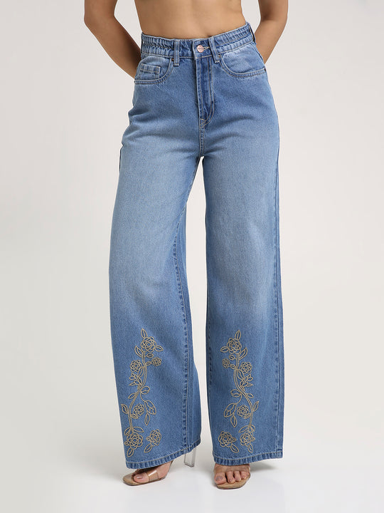 TARAMA High-Rise Floral Embroidered Wide-Leg Jeans