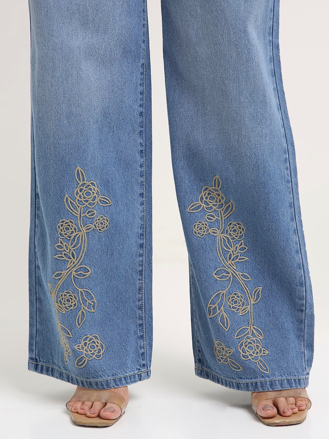 TARAMA High-Rise Floral Embroidered Wide-Leg Jeans