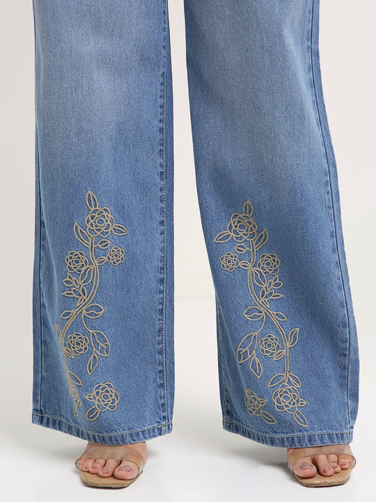 TARAMA High-Rise Floral Embroidered Wide-Leg Jeans