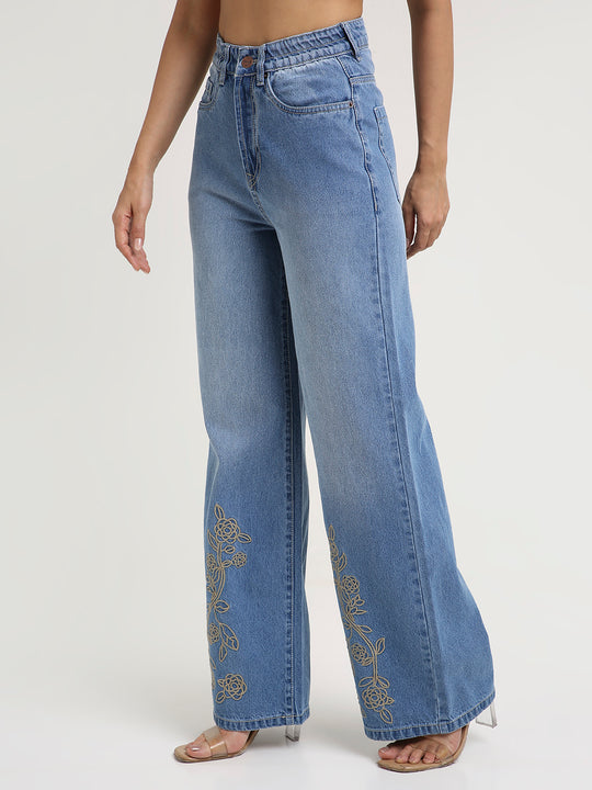 TARAMA High-Rise Floral Embroidered Wide-Leg Jeans