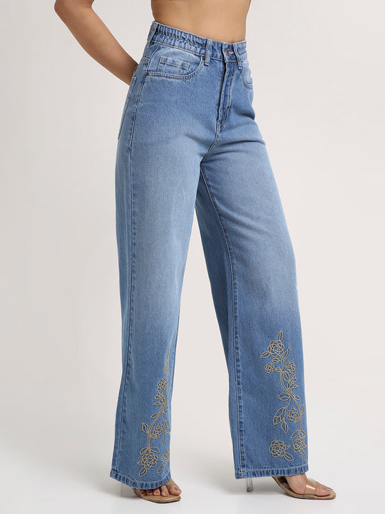 TARAMA High-Rise Floral Embroidered Wide-Leg Jeans