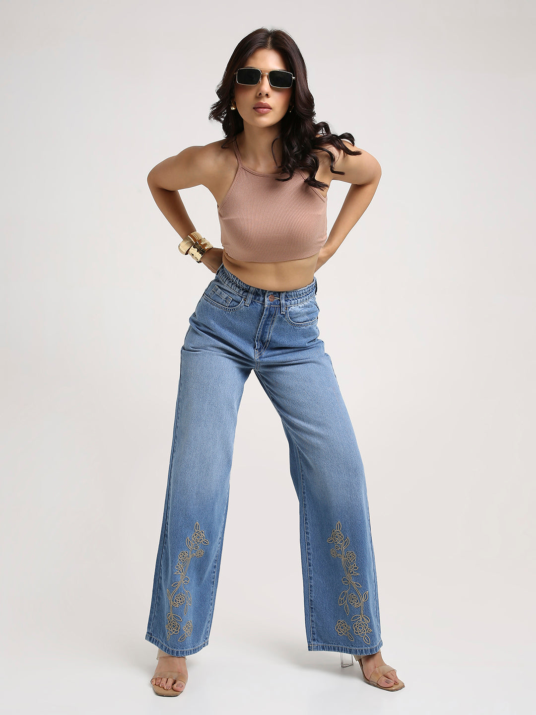 TARAMA High-Rise Floral Embroidered Wide-Leg Jeans