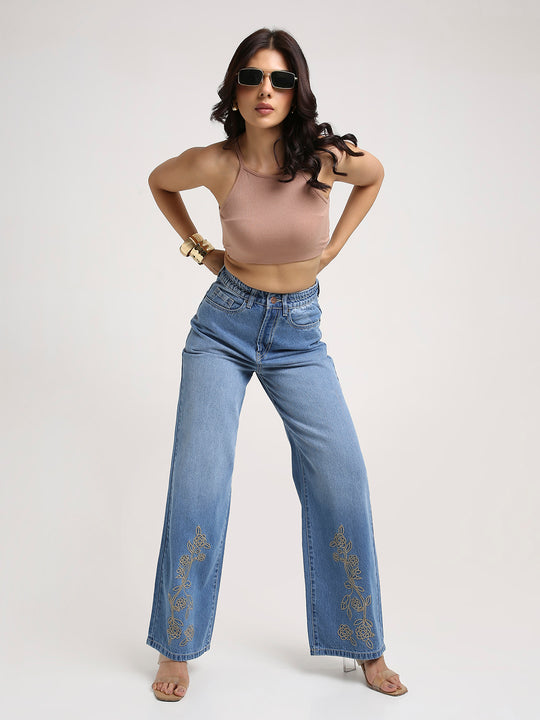TARAMA High-Rise Floral Embroidered Wide-Leg Jeans