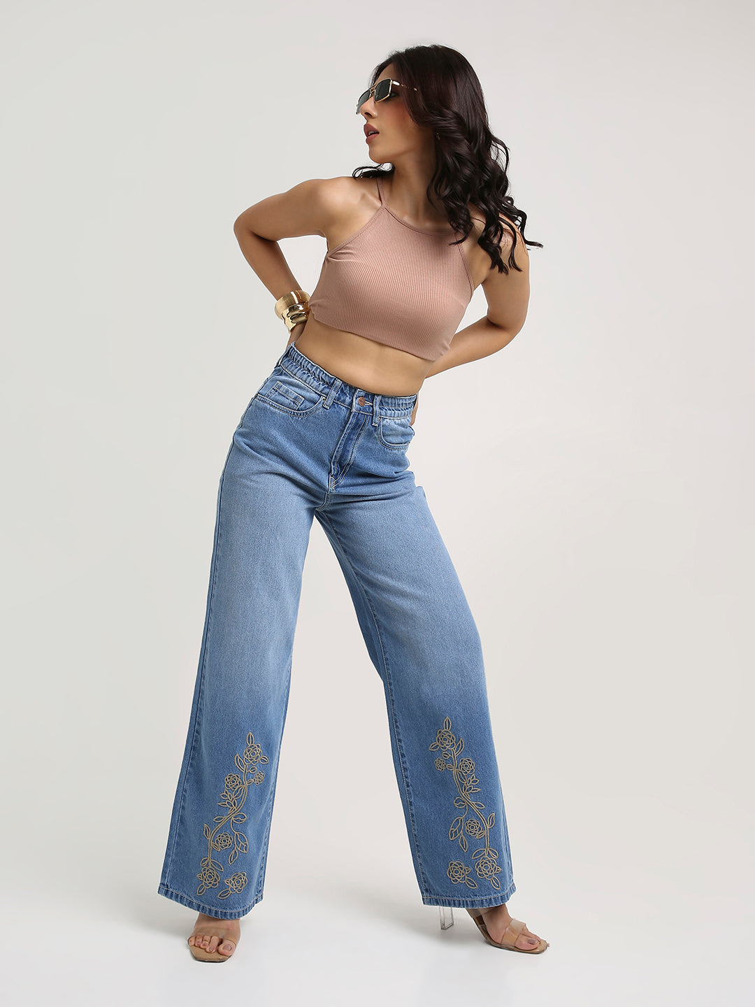 TARAMA High-Rise Floral Embroidered Wide-Leg Jeans