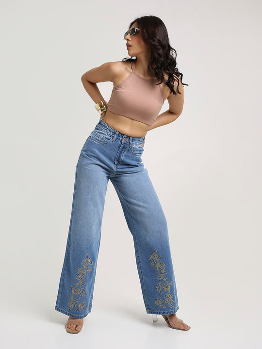 TARAMA High-Rise Floral Embroidered Wide-Leg Jeans