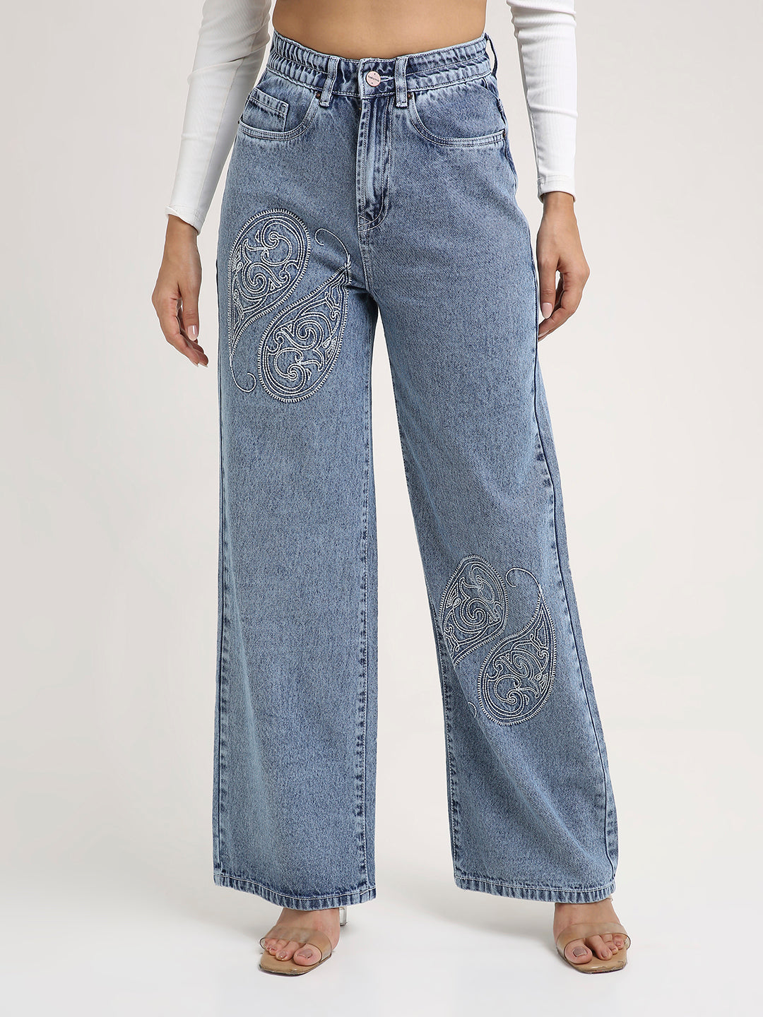 TARAMA High-Rise Paisley Embroidered Wide Leg Jeans