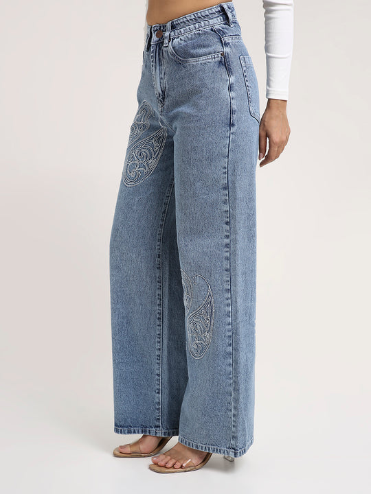 TARAMA High-Rise Paisley Embroidered Wide Leg Jeans