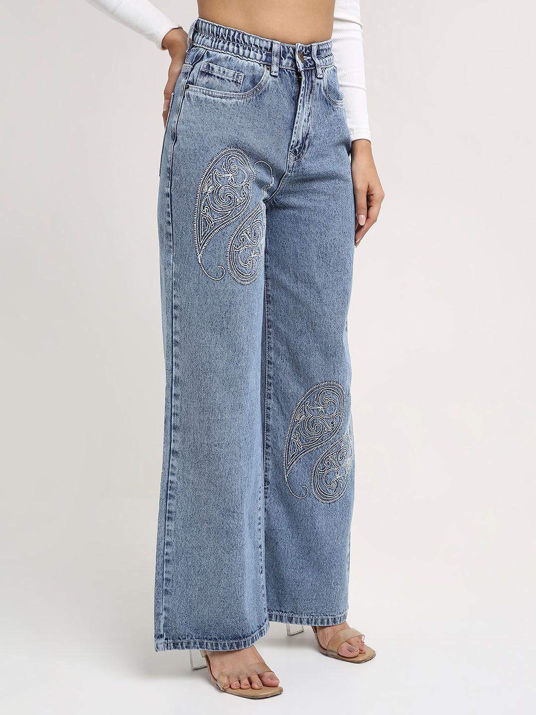 TARAMA High-Rise Paisley Embroidered Wide Leg Jeans