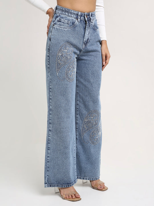 TARAMA High-Rise Paisley Embroidered Wide Leg Jeans