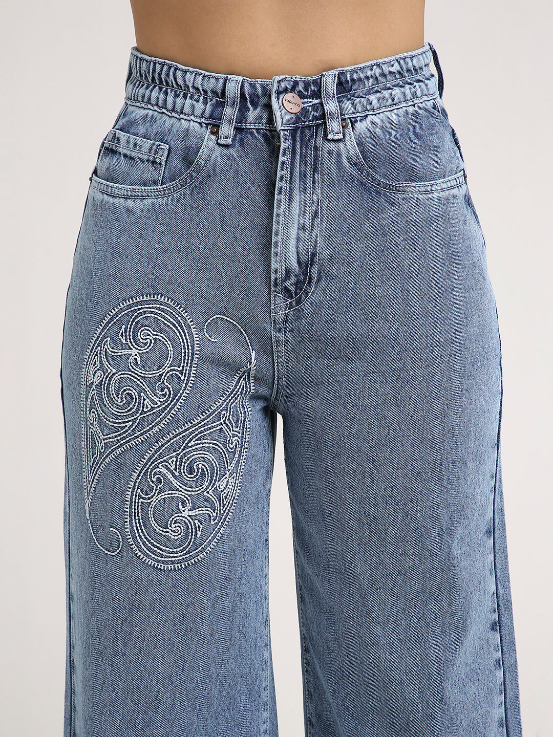 TARAMA High-Rise Paisley Embroidered Wide Leg Jeans
