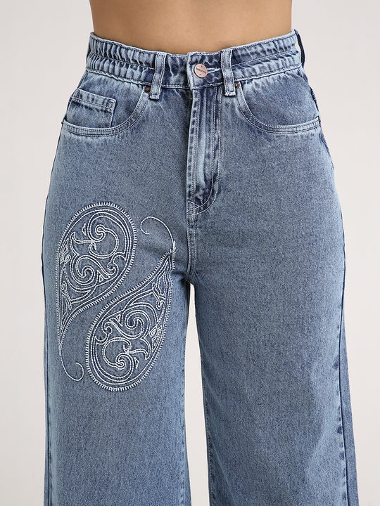 TARAMA High-Rise Paisley Embroidered Wide Leg Jeans