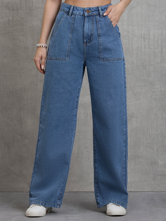 TARAMA High Rise Patch Pockets Wide Leg Jeans