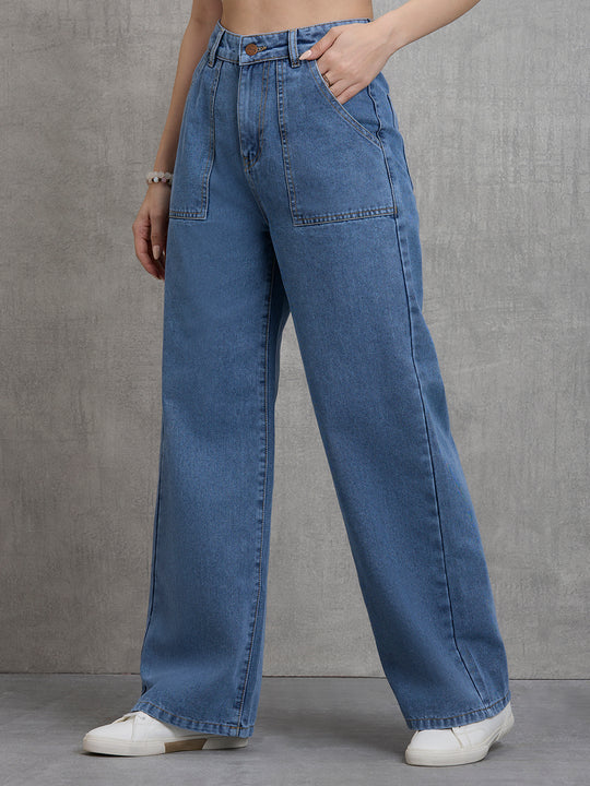 TARAMA High Rise Patch Pockets Wide Leg Jeans