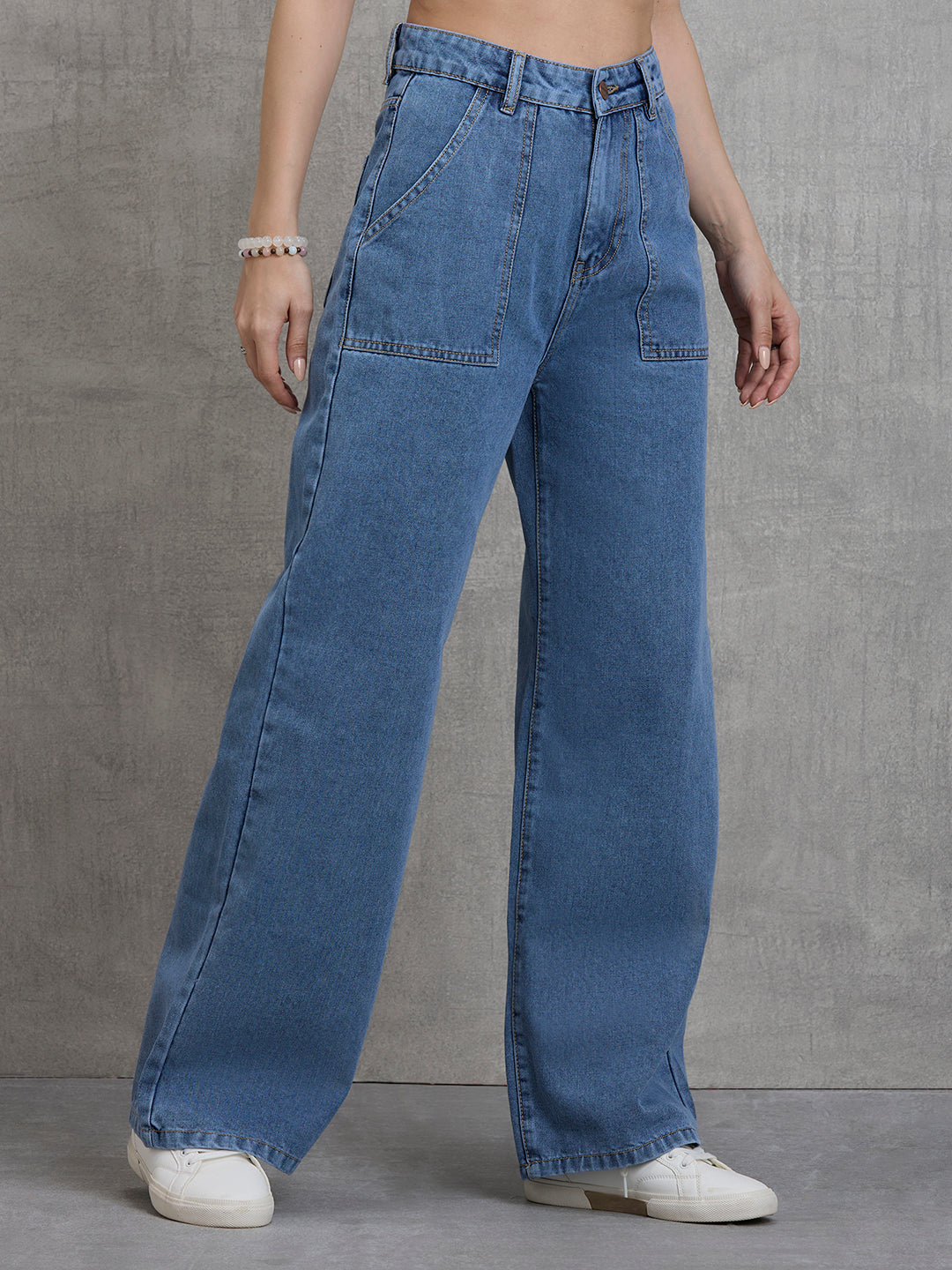 TARAMA High Rise Patch Pockets Wide Leg Jeans