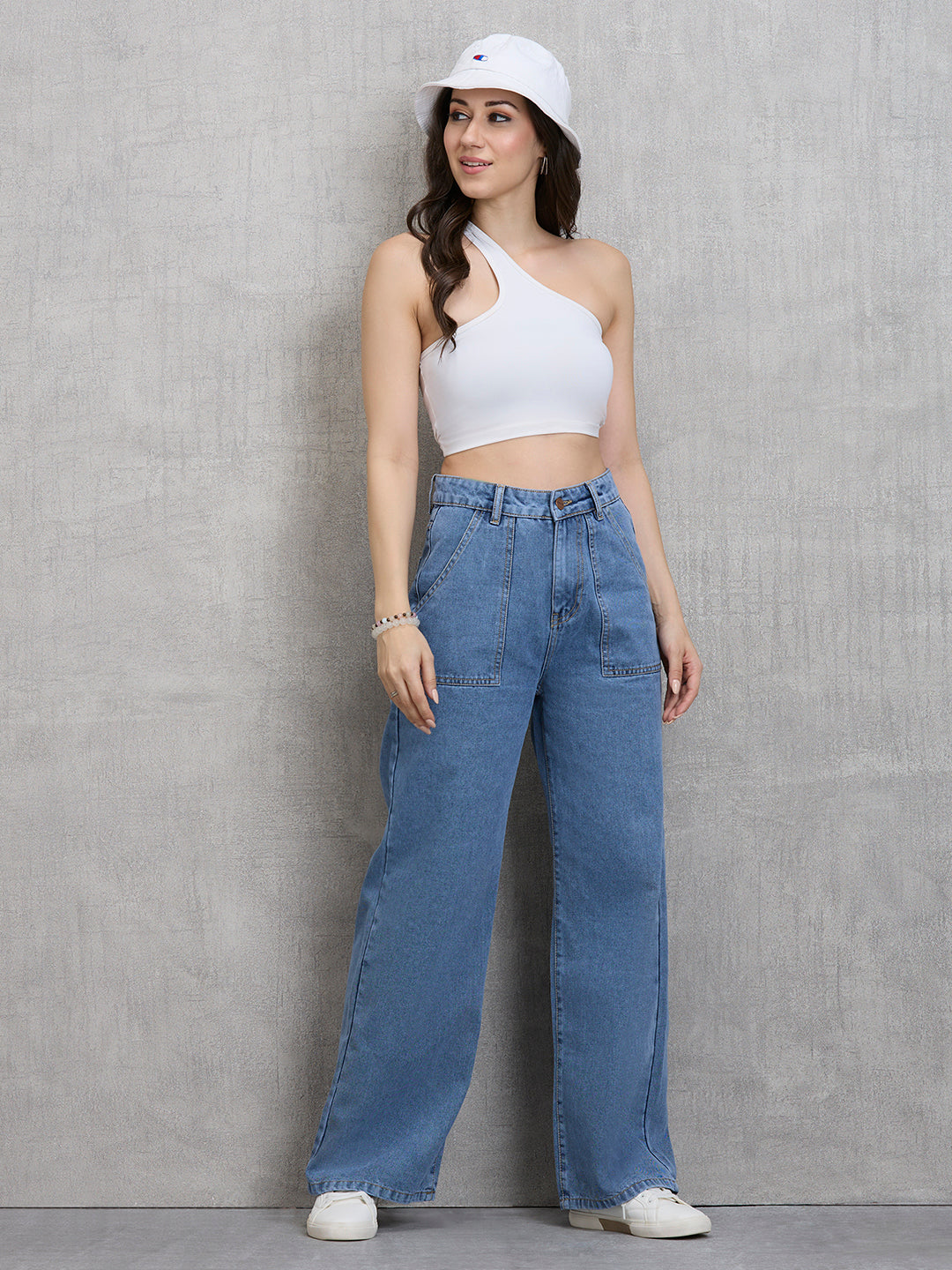 TARAMA High Rise Patch Pockets Wide Leg Jeans