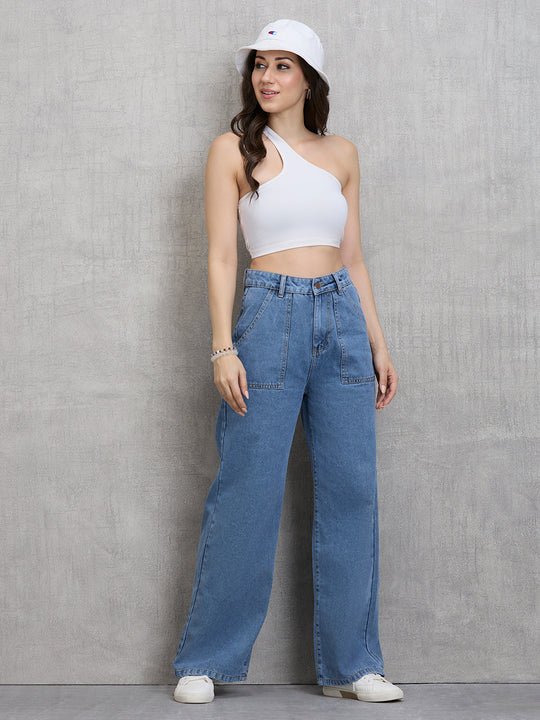 TARAMA High Rise Patch Pockets Wide Leg Jeans