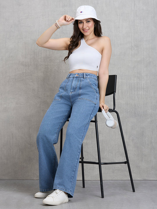 TARAMA High Rise Patch Pockets Wide Leg Jeans