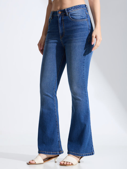 High Rise Flare Fit Jeans-Dark Blue