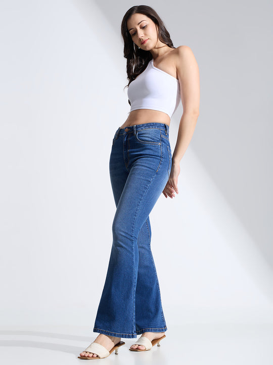 High Rise Flare Fit Jeans-Dark Blue