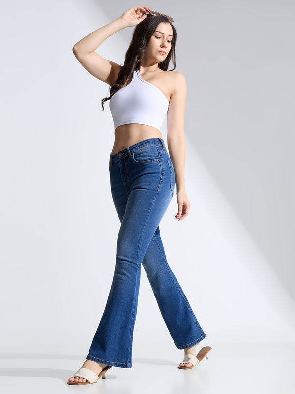 High Rise Flare Fit Jeans-Dark Blue