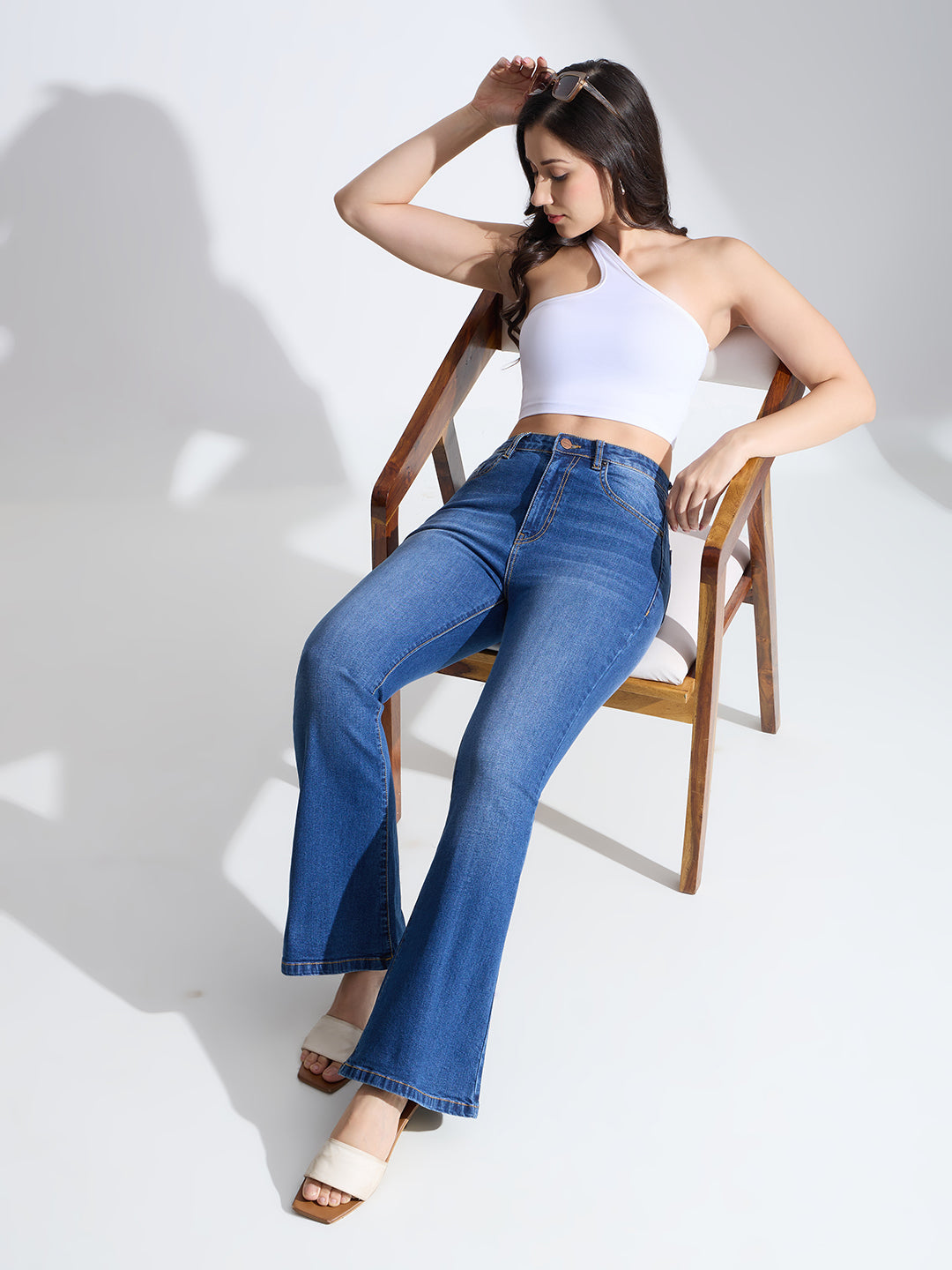 High Rise Flare Fit Jeans-Dark Blue