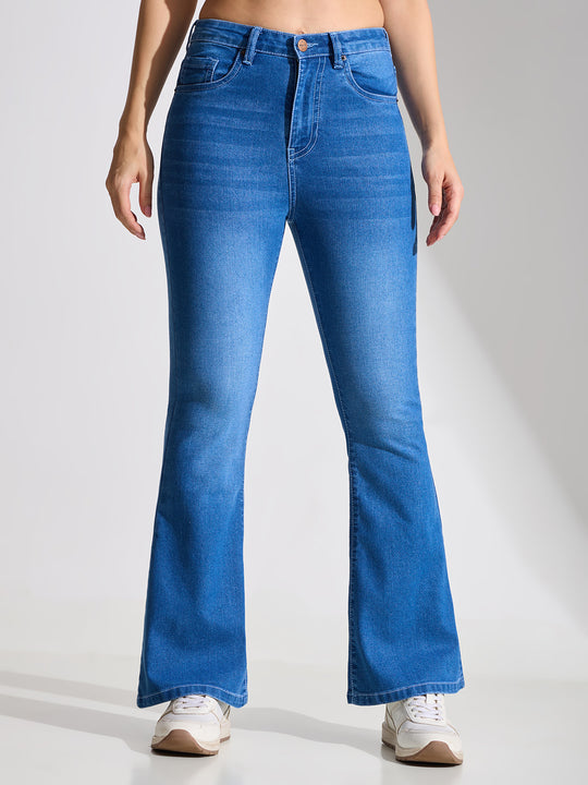 High Rise Flare Fit Jeans-Mid Blue
