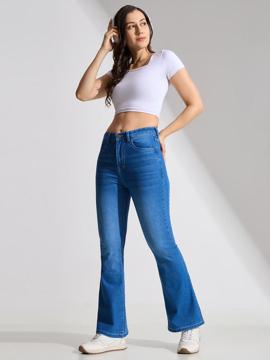 High Rise Flare Fit Jeans-Mid Blue