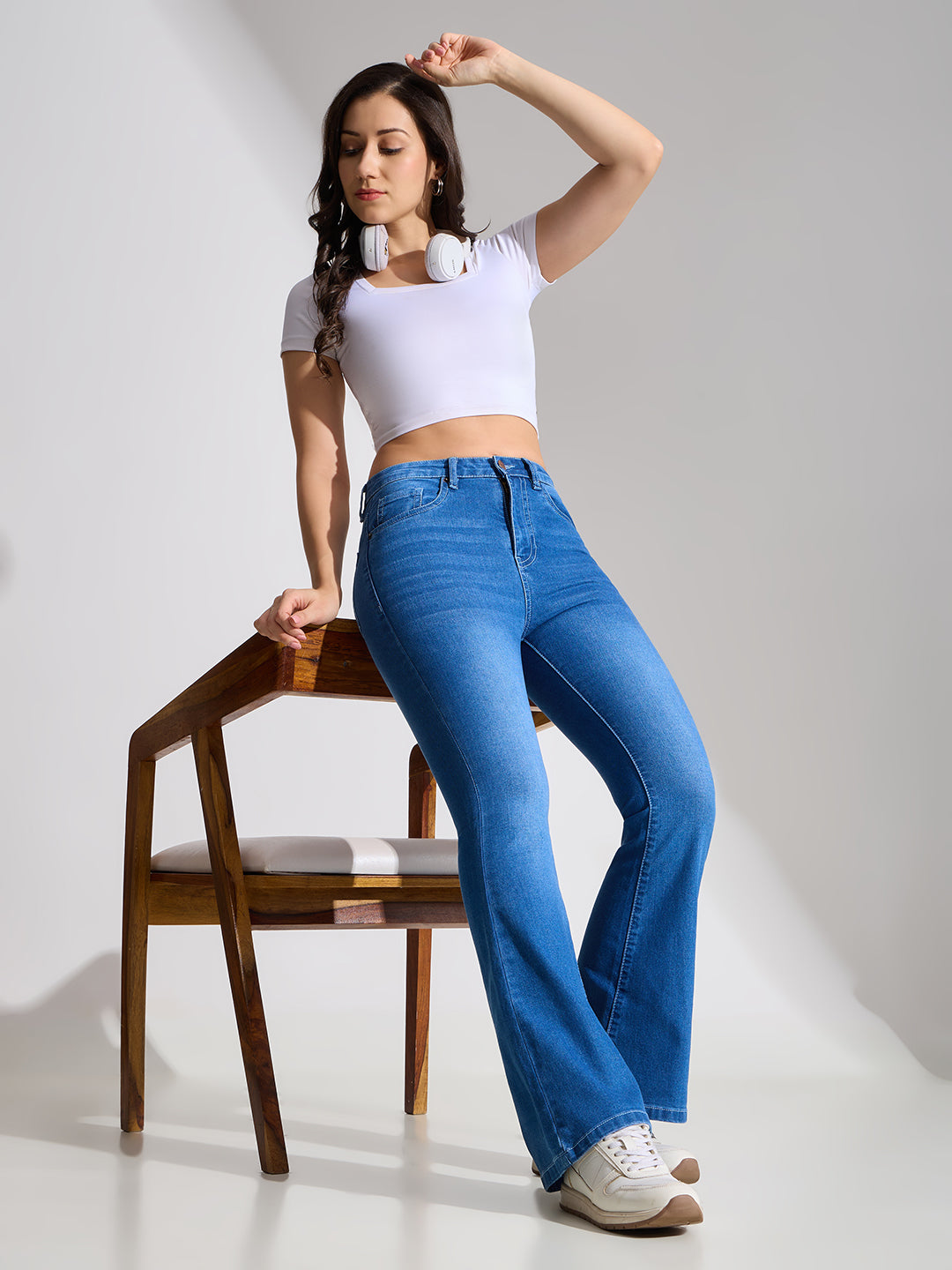 High Rise Flare Fit Jeans-Mid Blue