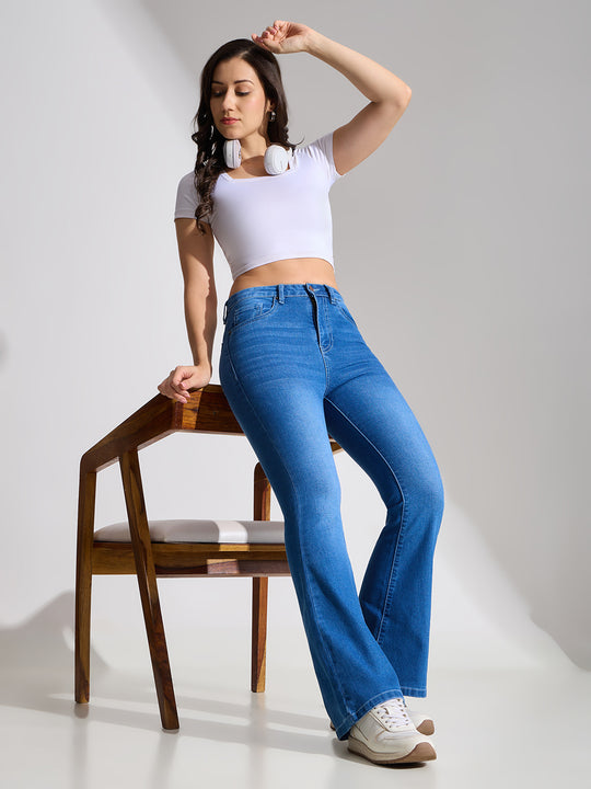 High Rise Flare Fit Jeans-Mid Blue