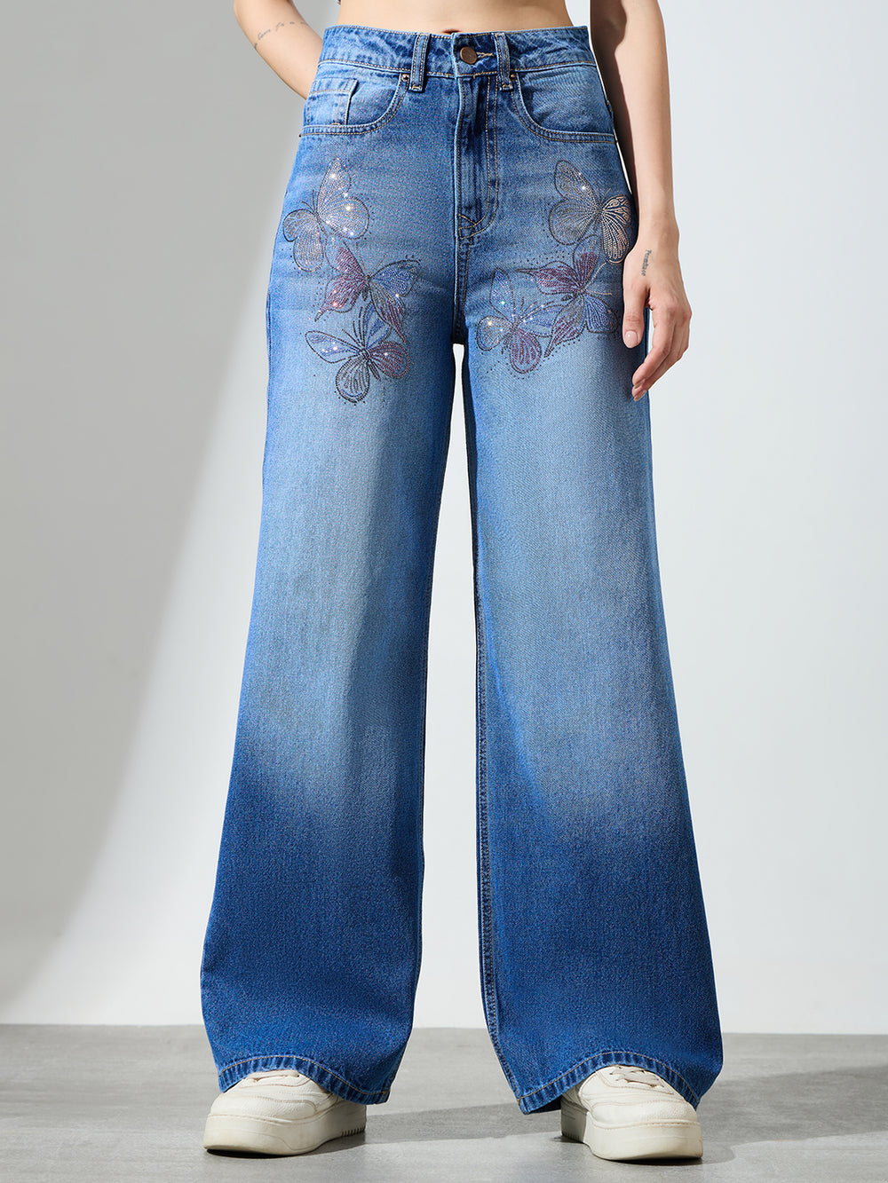 High Waist Butterfly Rhinestone Detail Wide Leg Jeans-Light Blue