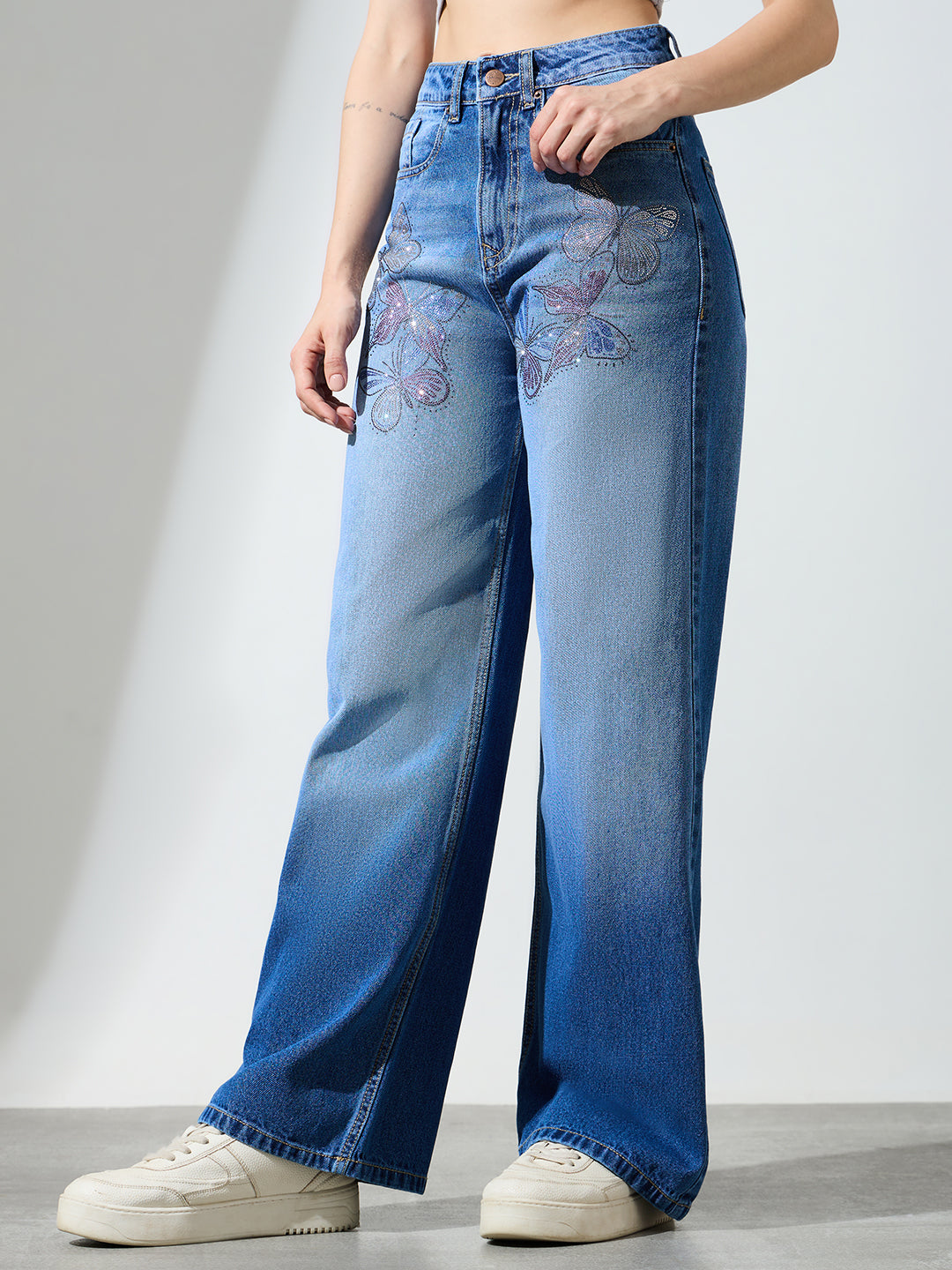 High Waist Butterfly Rhinestone Detail Wide Leg Jeans-Light Blue