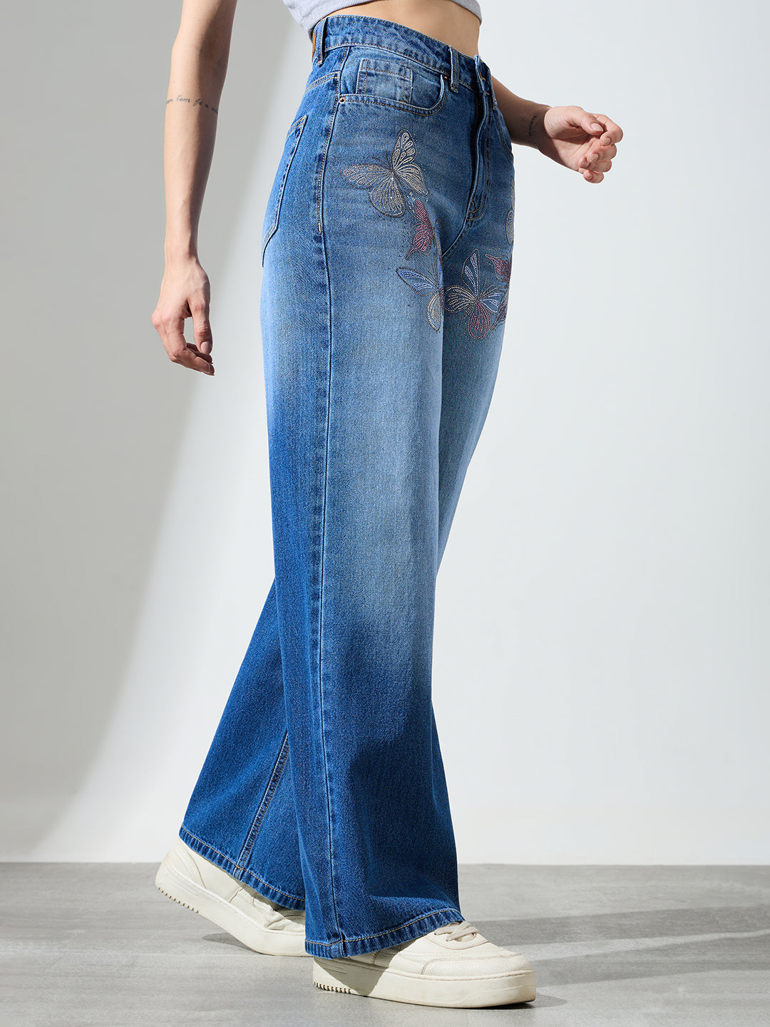 High Waist Butterfly Rhinestone Detail Wide Leg Jeans-Light Blue