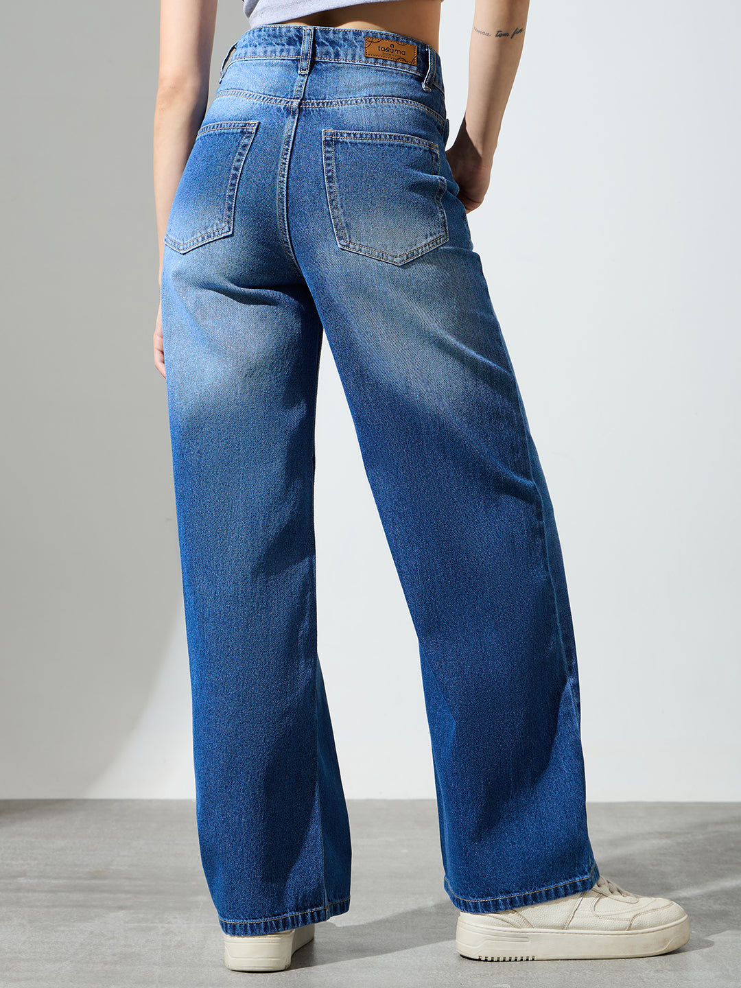 High Waist Butterfly Rhinestone Detail Wide Leg Jeans-Light Blue